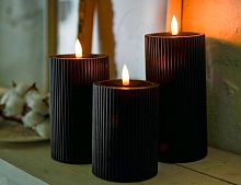 Светодиодные восковые свечи ПИЛАР, чёрные, тёплые белые LED-огни мерцающие, "натуральный фитилёк", 7.5х10/12.5/15 см, таймер, 3 шт., батарейки, Edelman