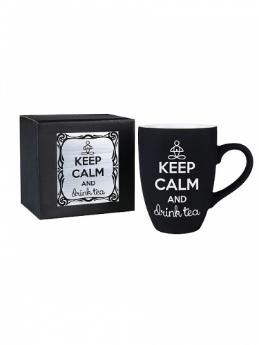 Кружка подарочная "Keep calm" Soft touch черная с гравировкой в черной картонной коробке с накладкой серебро, объем 350 мл