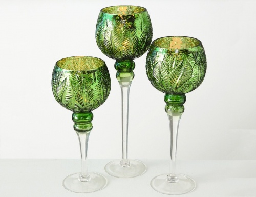 Подсвечники бокалы NOBLE LEAVES, стекло, зелёные, 30-40 см (3 шт.), Boltze
