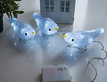 Набор светящихся фигур "Светлячковые пташки", 3 шт., акрил, 30 холодных белых LED-огней, 16x6x12 см, таймер, батарейки, уличный, Kaemingk (Lumineo)