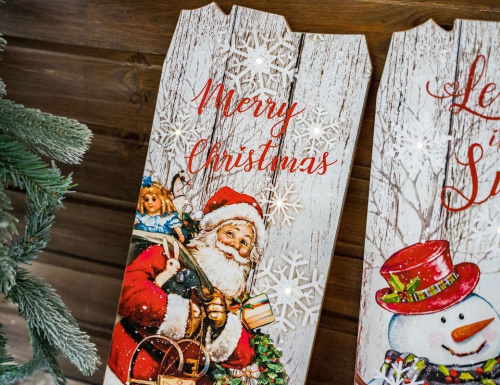 Настенное светящееся  панно CHRISTMAS TIME - СНЕГОВИК, дерево, 6 тёплых белых LED-огней, 21x60 см, таймер, батарейки, Kaemingk фото 3