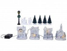 Светящаяся композиция "Зима в деревне" (белая) с тёплыми белыми LED-огнями, полистоун, батарейки, в наборе 11 предметов, STAR trading
