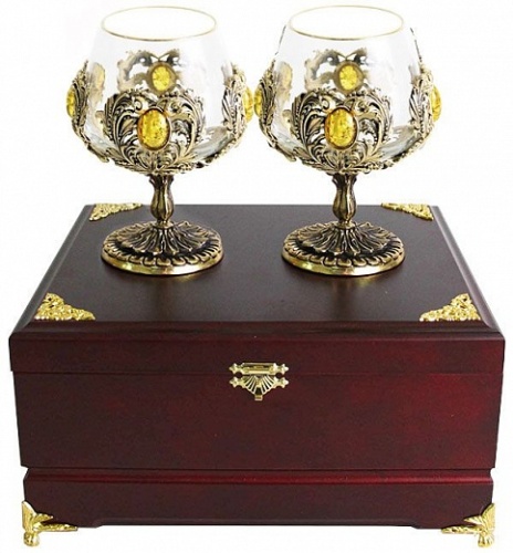 Набор из двух бокалов для коньяка с искусственным камнем (Янтарь желтый) деревянная шкатулка фото 16