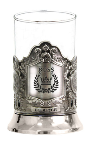 Стакан-подстаканник "BOSS всея Руси" с никелированным подстаканником, стеклянным стаканом, в декоративной картонной коробке фото 2