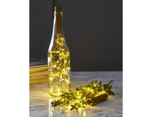 Электрогирлянда для бутылки "Роса", 15 тёплых белых микро LED-огней, 75 см, золотой провод, таймер, батарейки, STAR trading фото 3