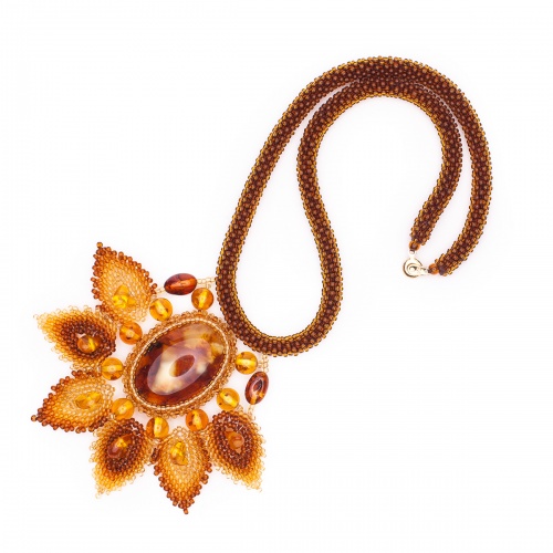 Колье с цветком из янтаря коньячного цвета с бисером, 11031-3 фото 3