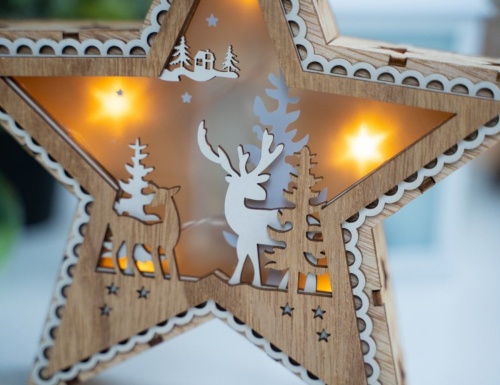 Светящаяся новогодняя декорация ОЛЕНЬЯ ЗВЕЗДА, дерево, тёплые белые LED-огни, 21 см, батарейки, Peha Magic фото 2