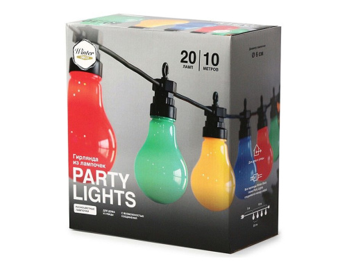 Гирлянда из лампочек Party Lights - ФЕСТА ДЭЙ КОЛОРЕ, цветные матовые лампы, 20 разноцветных LED-огней, 10 м, коннектор, чёрный провод, уличная, Winter Deco фото 3