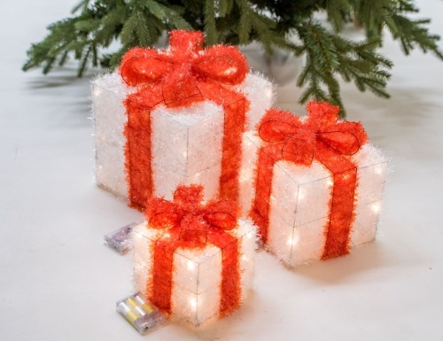 Светящиеся подарочные коробки ТРУА КАДО с бантами, тёплые белые LED-огни, 20-30 см, таймер, батарейки, Kaemingk (Lumineo) фото 2