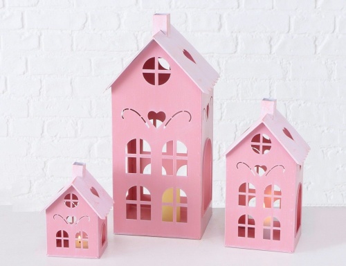 Подсвечники-домики "Кюфштайн" металлические, розовые, комплект - 3 домика, 15-40 см, Boltze