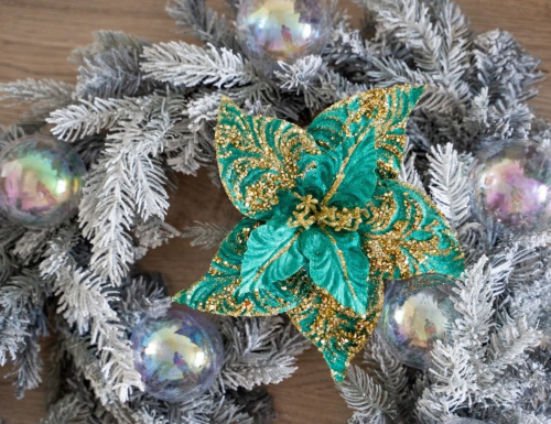 Пуансеттия БИСЕРНЫЙ ШАРМ на клипсе, бирюзовая, 25 см, Due Esse Christmas фото 5