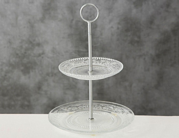 Этажерка для сервировки стола АМАНДИН, стекло, прозрачная, двухъярусная, 28 см, Boltze