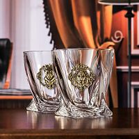 Набор бокалов для виски Квадро ( 2 шт.) с накладкой "Лев и Львица Царские"  в деревянной  шкатулкека