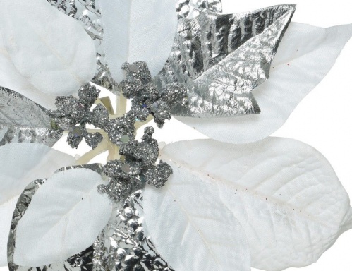 Пуансеттия "Зимняя принцесса" на клипсе, серебряная с белым, 21х5 см, Kaemingk фото 2