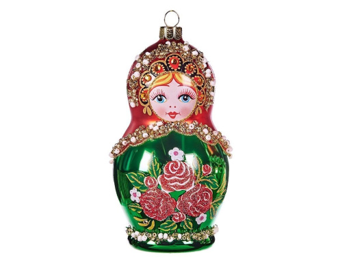 Стеклянная елочная игрушка МАТРЕШКА С ЖЕМЧУГАМИ в сарафане с розами, 12 см, подвеска, Goodwill