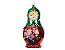 Стеклянная елочная игрушка МАТРЁШКА В ЦВЕТОЧЕК в красном сарафане, 14 см, подвеска, Goodwill