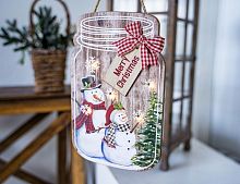 Светящееся панно "Баночка снеговичков" (Merry Christmas), MDF, 5 тёплых белых LED-огней, 17x27 см, таймер, батарейки, Kaemingk
