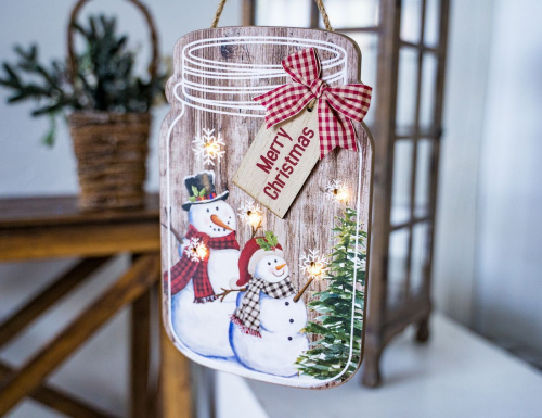 Светящееся панно "Баночка снеговичков" (Merry Christmas), MDF, 5 тёплых белых LED-огней, 17x27 см, таймер, батарейки, Kaemingk