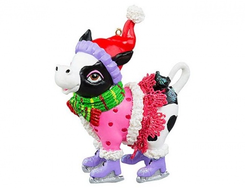 Ёлочная игрушка "Корова-фигуристка в красном рождественском колпачке", полистоун, 8.5х3.5х9.5 см, Holiday Classics