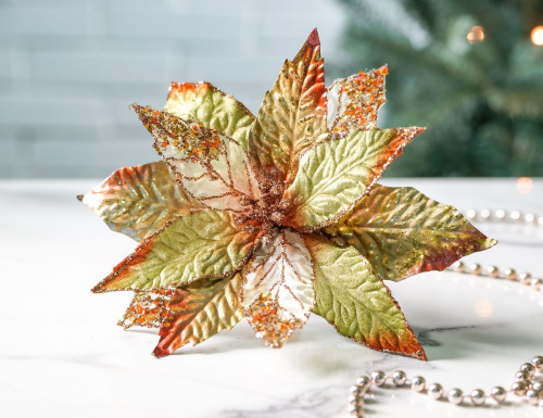 Искусственная пуансеттия ЗОЛОТОЙ ВЕК на клипсе, 20 см, Winter Deco