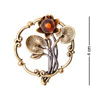 AM-3515 Брошь «Цветок Водянная Лилия» (латунь, янтарь)