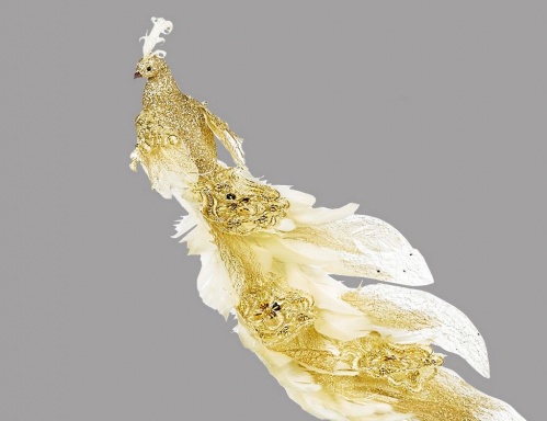 Новогоднее украшение "Бальный павлин" на клипсе, перо, текстиль, кремовый с золотым, 56 см, Goodwill фото 2
