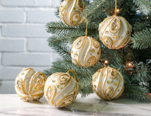 Набор ёлочных шаров ЗЕФИРНЫЙ, полиэстер, слоновая кость, 8 см, 6 шт., Winter Deco