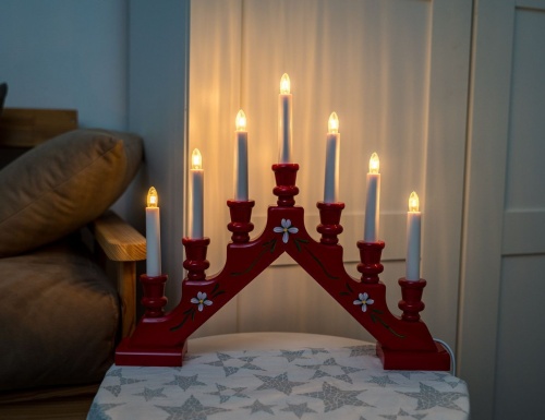 Рождественская горка SARA деревянная, красная, с цветочным орнаментом, 7 тёплых белых ламп, 43х38 см, STAR trading фото 3