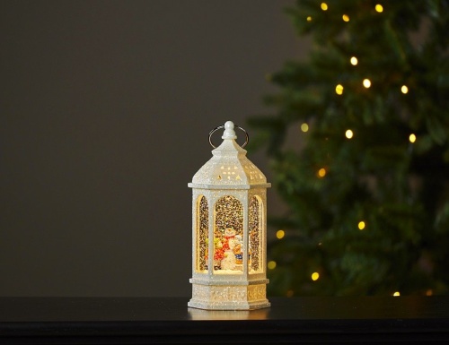 Новогодний 'снежный' фонарь СНЕГОВИК С ДЕТИШКАМИ, белый, тёплый белый LED-огонь, имитация  вьюги, 23х10.5 см, таймер, батарейки, STAR trading