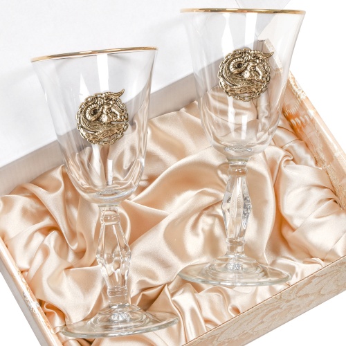 Набор бокалов для вина/шампанского (2 шт) "Ретро" с накладкой "Телец" в подарочной картонной упаковке, ложемент золотистый шелк фото 4