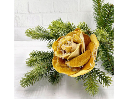 Искусственная роза ЛЕДЯНАЯ РОСА на клипсе, полиэстер, золотая, 18 см, Christmas Deluxe фото 2