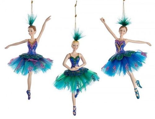 Ёлочное украшение "Балерина павлинье пёрышко", полистоун, 15.2 см, разные модели, Kurts Adler