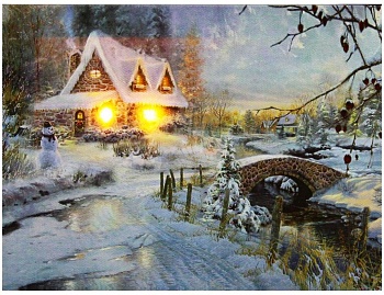 Светящаяся картина "Снеговик у домика", 2 тёплых белых LED-огня, 20х15 см, Peha Magic