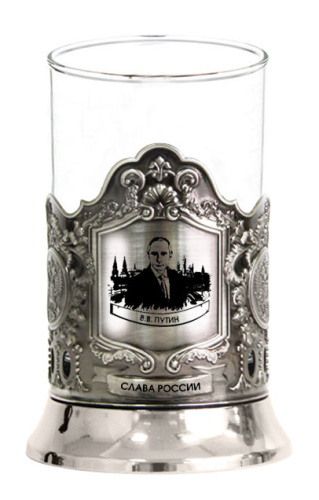Стаканы "Путин Слава России (Кремль)" никелированные в картонной коробке - Включает подстаканник, стеклянный стакан и упаковку из декоративного картона фото 2