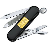 Нож-брелок Victorinox Classic с золотым слитком 1 гр, 58 мм, 7 функций, черный