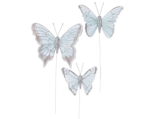 Набор "Воздушные бабочки" с блёстками, голубые, перо,  8-10-12 см (упаковка 3 шт.), Kaemingk