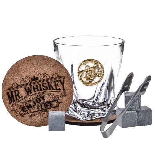 Набор из 2х бокалов для виски Квадро с накладкой "Рак", упаковка Mr Whiskey, 8 камней, щипцы, 2 костера фото 2
