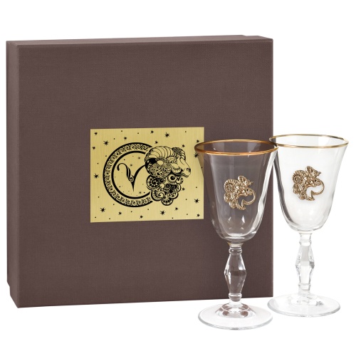 Набор бокалов для вина/шампанского "Ретро" с накладкой "Овен" в упаковке пейсли, ложемент золотистый шелк, накладка золото пластик с гравировкой