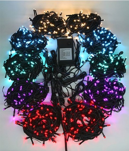 "Комплект" электрогирлянд ФЕЙЕРВЕРК для освещения высокой ели 10м, 100х10 разноцветных-красных, фиолетовых, теплых белых, аквамариновых, голубых LED-ламп, контроллер, 24V, черный провод, BEAUTY LED