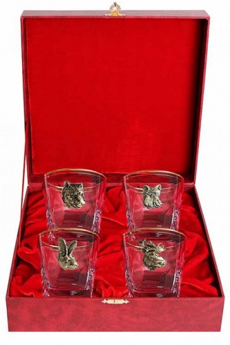 Четыре бокала для виски Звери Медведь,Лось,Кабан,Заяц(латунь) в футляре