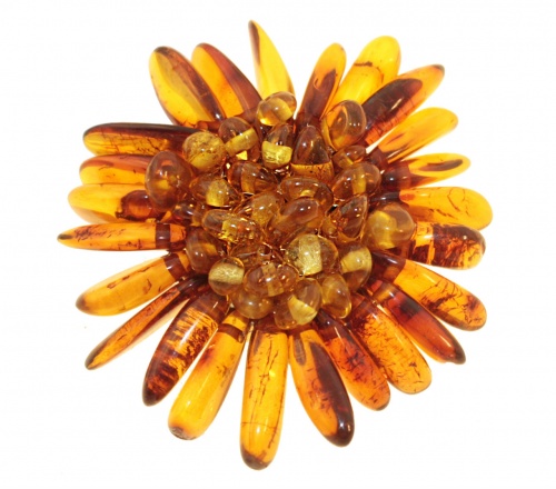 Красивая брошь в виде цветка из натурального янтаря и бисера, 60804