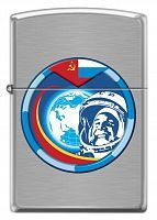 Зажигалка Zippo Гагарин с покрытием Brushed Chrome, латунь/сталь, серебристая, матовая, 200 COSMONAUT
