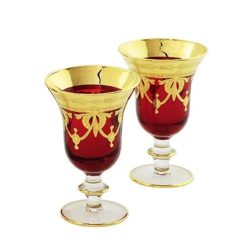 DINASTIA ROSSO Бокал для вина/воды, набор 2 шт, хрусталь красный/декор золото 24К