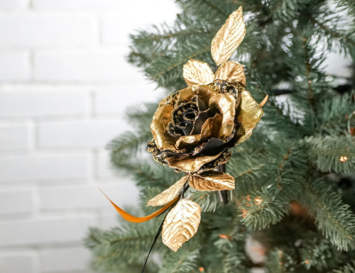 Искусственная роза ПЕРЛЬ НУАР на клипсе, чёрный с золотым, 28 см, Winter Deco фото 2