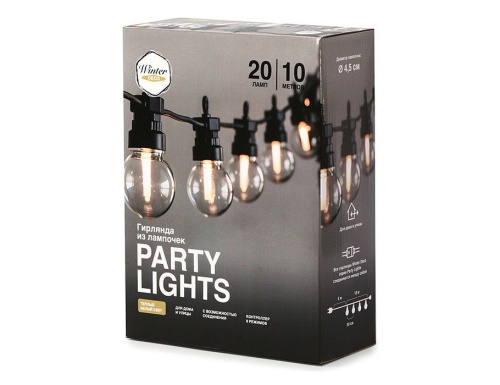 Светодиодная гирлянда Party Lights - ЛАМПОВОЕ НАСТРОЕНИЕ, прозрачная, 20 тёплых белых LED-огней, 10 м, контроллер, коннектор, чёрный провод, уличная, Winter Deco фото 3
