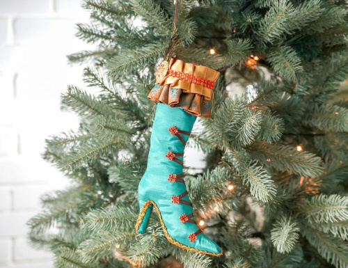 Ёлочная игрушка САПОЖОК КОКЕТКИ, текстиль, бирюзовый, медный, 29 см, Winter Deco фото 4
