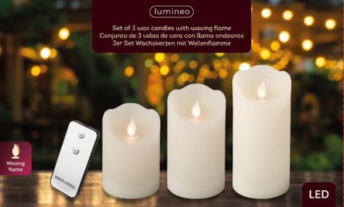 Набор восковых свечей "Гармония", кремовые, тёплые белый LED-огни, колышущееся пламя, (набор 3 шт.), ПДУ, Kaemingk фото 2