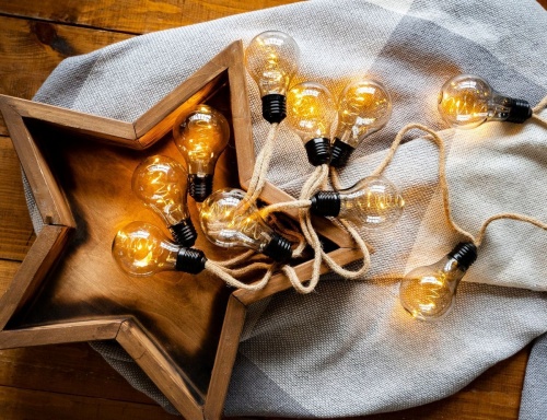 Гирлянда "Лампы накаливания" ретро, на пеньковых верёвочках, прозрачно-дымчатые, 10 ламп, 30 тёплых белых мини LED-огней, 2.7+3 м, Kaemingk