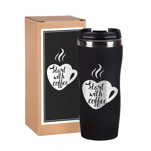 Термокружка "Start with Coffee" в красном и чёрном цветах, изготовленная из нержавеющей стали, представленная в подарочной упаковке