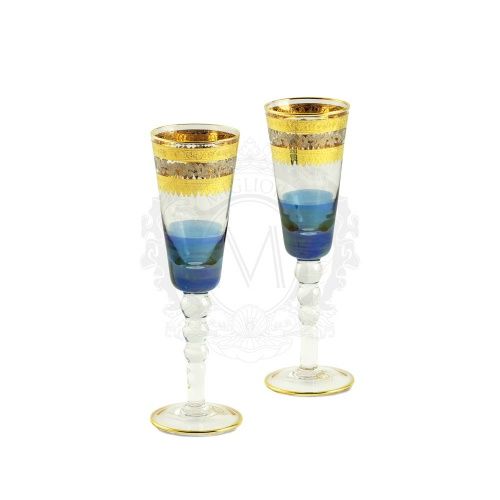 ADRIATICA Бокал для шампанского, набор 2 шт, хрусталь голубой/декор золото 24К/платина фото 2